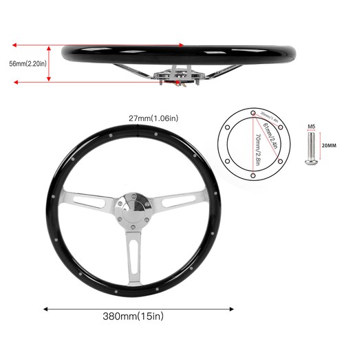 (Black)380mm/15in Classic Steering Wheel Solid Wood Rivet Steering Wheel Car - Picture 12 of 24