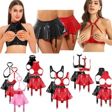 Women's Patent Leather Open Tip Bra Push-up Tank Top and Mini Skirt Garter Belt