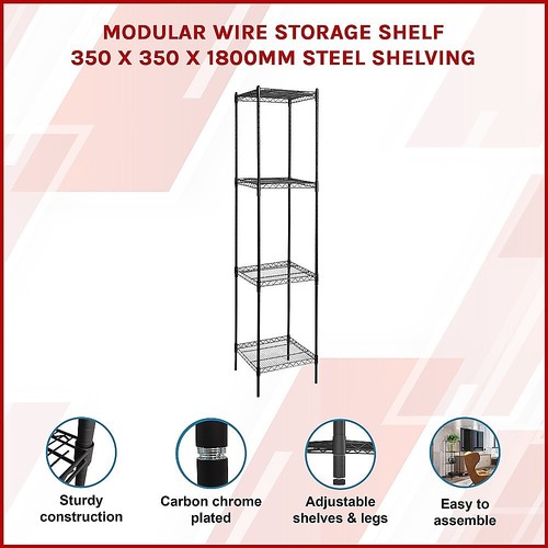 Modular Wire Storage Shelf 350 x 350 x 1800mm Steel Shelving in Black - Picture 2 of 7