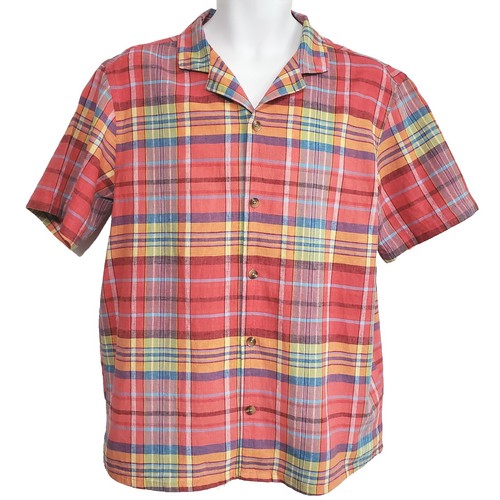 OLD NAVY Camp Shirt MEDIUM Colorful Plaid Short Sleeve Button Up LINEN Blend eBay