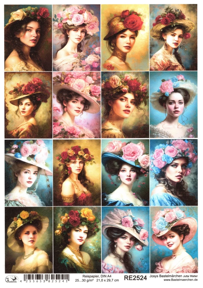 JOSYS BASTELMÄRCHEN Papel de arroz A4 seda de paja decoupage mujer sombrero de flores vintage rosas RE2524