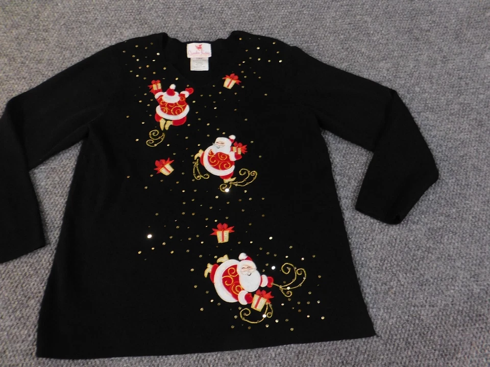 quacker factory christmas sweater large black womens pullover knit ramie santa - Image 3 of 4