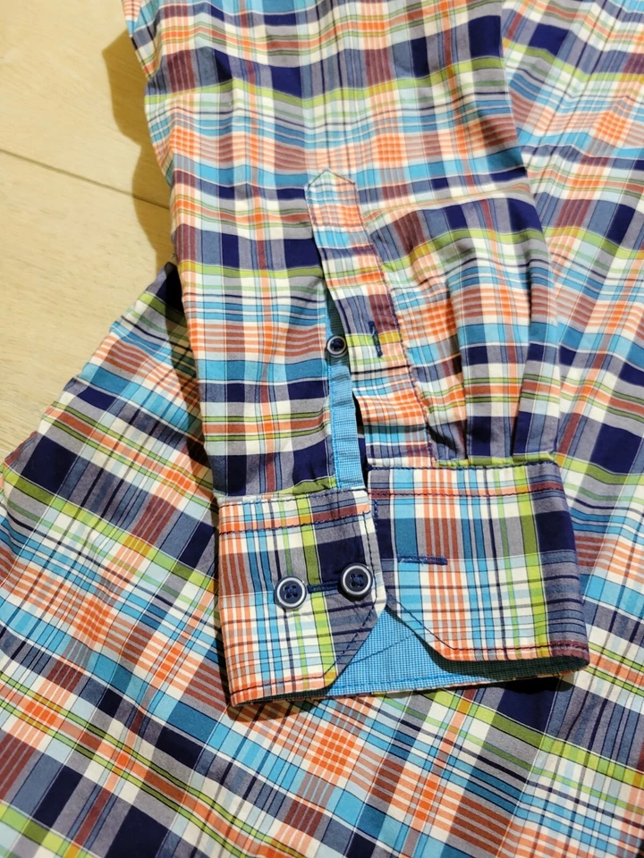 Bugatchi Uomo Shaped Fit plaid orange blue green Mens Dress Button Shirt LARGE - Image 4 of 4