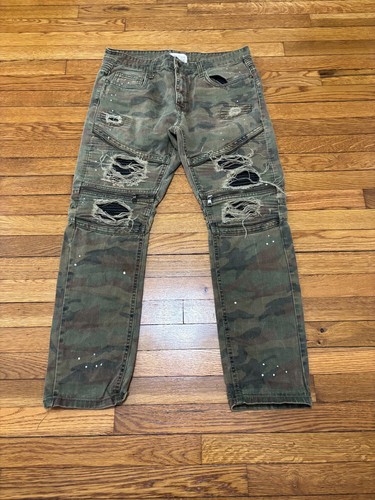 Smoke Rise Denim Co Distressed Camo Paint Splattered Jeans Herren 36x30 Grün