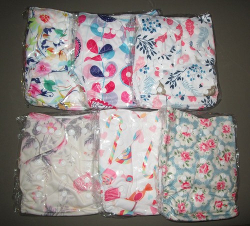 BABYGOAL~ 6 Piece FLOWER WORLD Girl Assorted Reusable Cloth Diapers + 1 Wet Bag - Picture 2 of 4