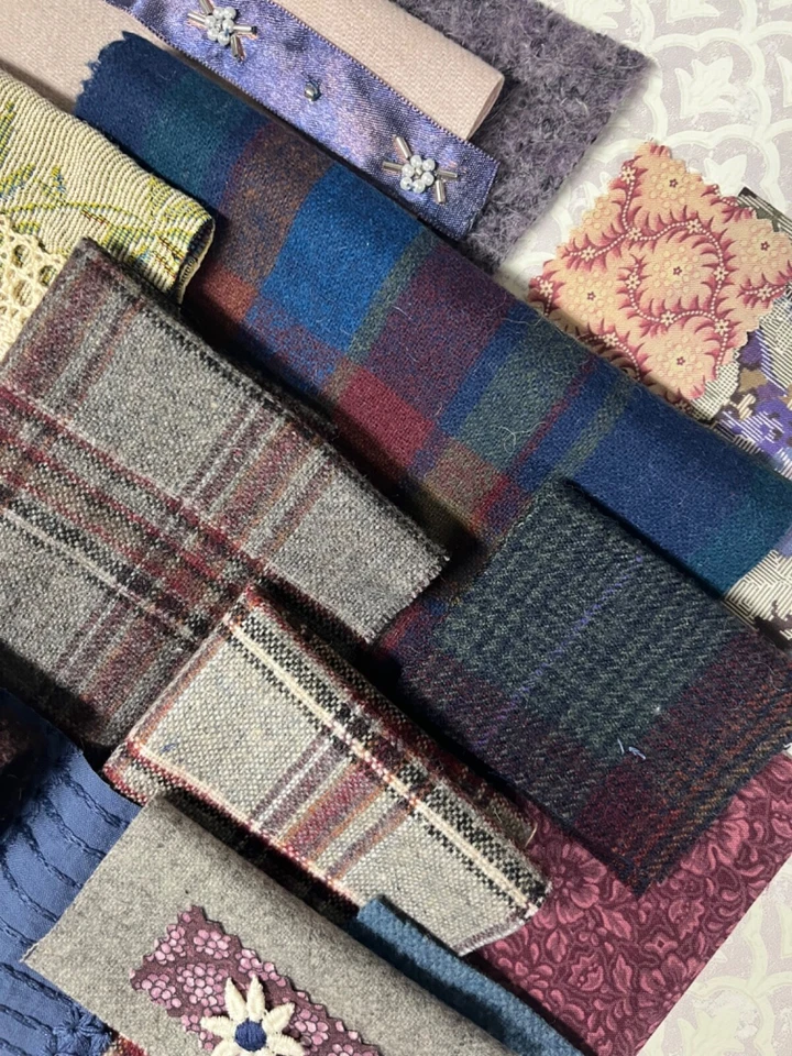 Lovely textured bundle of muted blues & aubergine wools, fabric & trims - Image 4 of 4