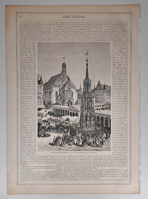 1875 Victorian Art Engraving, The Schone Brunnen and Frauenkirche, Nuremberg