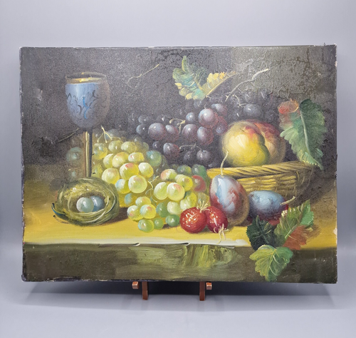 VTG Still Life Grapes & Chalice Canvas Art Wine Glass Fruit Kitchen Decor 12x16"