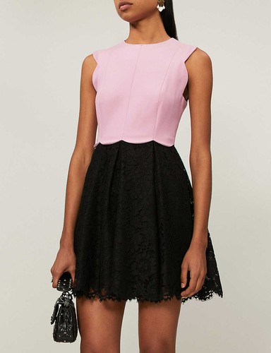 VALENTINO Pink Scalloped Wool Blend Bodice Lace A-Line Skirt Mini Dress 6 = S 🖤