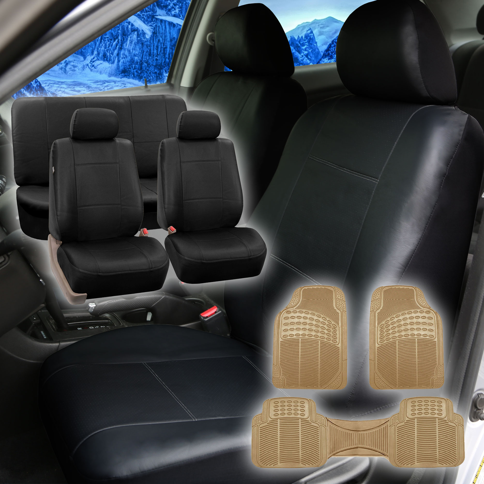 Faux Leather Black Car Seat Cover Full Set w/Beige Floor Mat