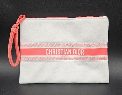 Christian Dior Beauty Novelty White Terry Cloth Makeup Bag Beach Pouch Coral