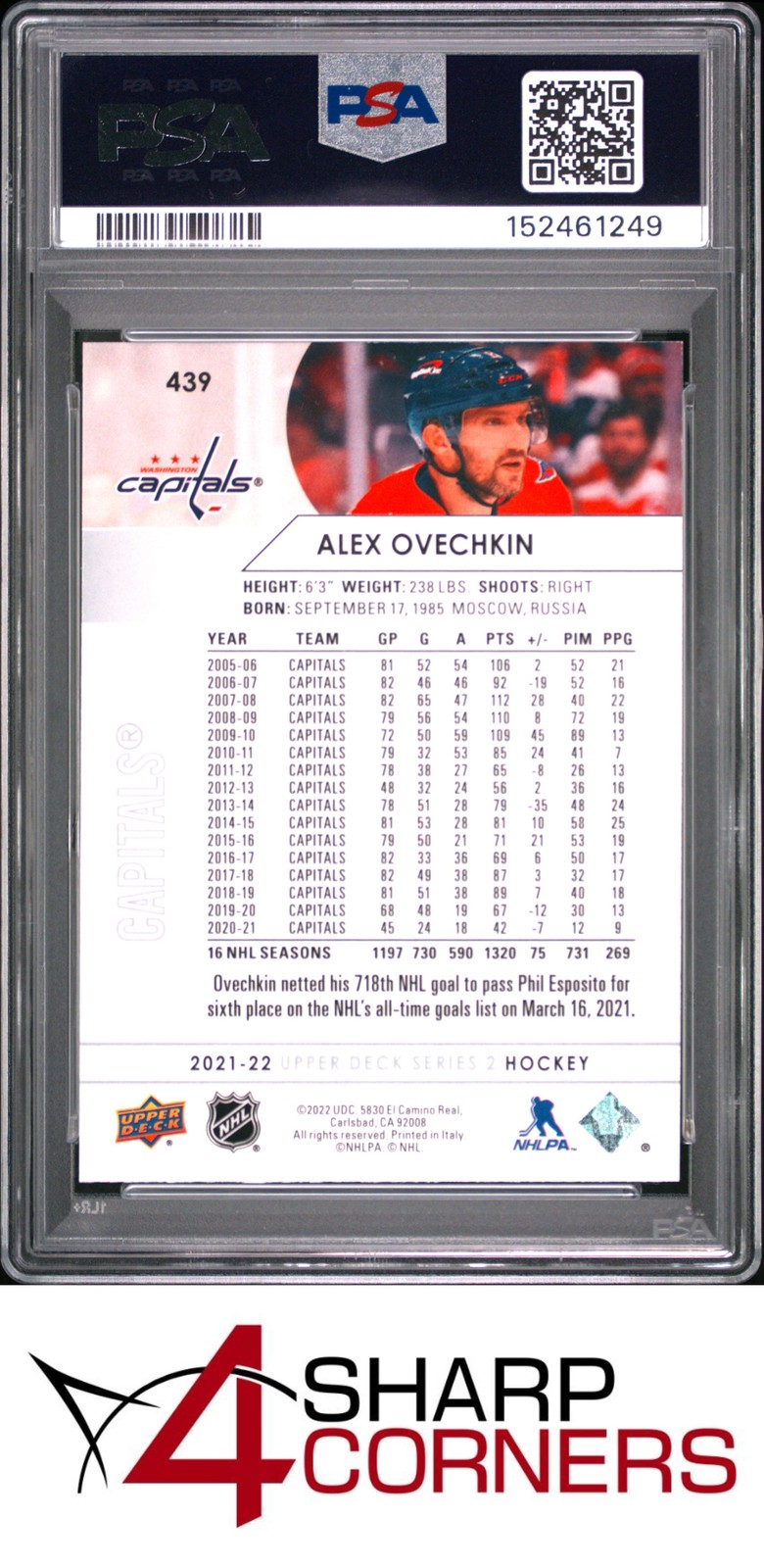 2021 UPPER DECK #439 ALEX OVECHKIN CAPITALS PSA 10 view 2