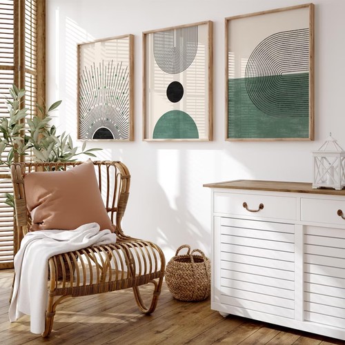 Mid Century Modern Wall Art Prints Boho Green Canvas Wall Decor Artwork Abstr...