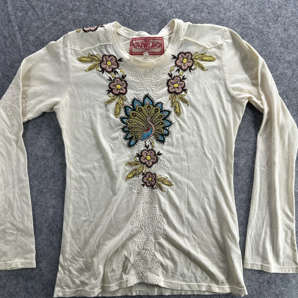 Camisa JWLA Feminina XS Bordada Pavão Boho Floral Manga Longa Exclusiva Top - Imagem 3 de 4