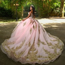 Glitter Pink Quinceanera Dress Ball Gown Gold Lace Applique Beading Bow Sweet 16