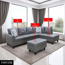 Dark Grey Faux Leather 3-Piece Living Room Sofa Set