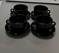 Coffee Espresso Tea Demitasse Set Of Four BLACK Cups & Saucers 8 pcs