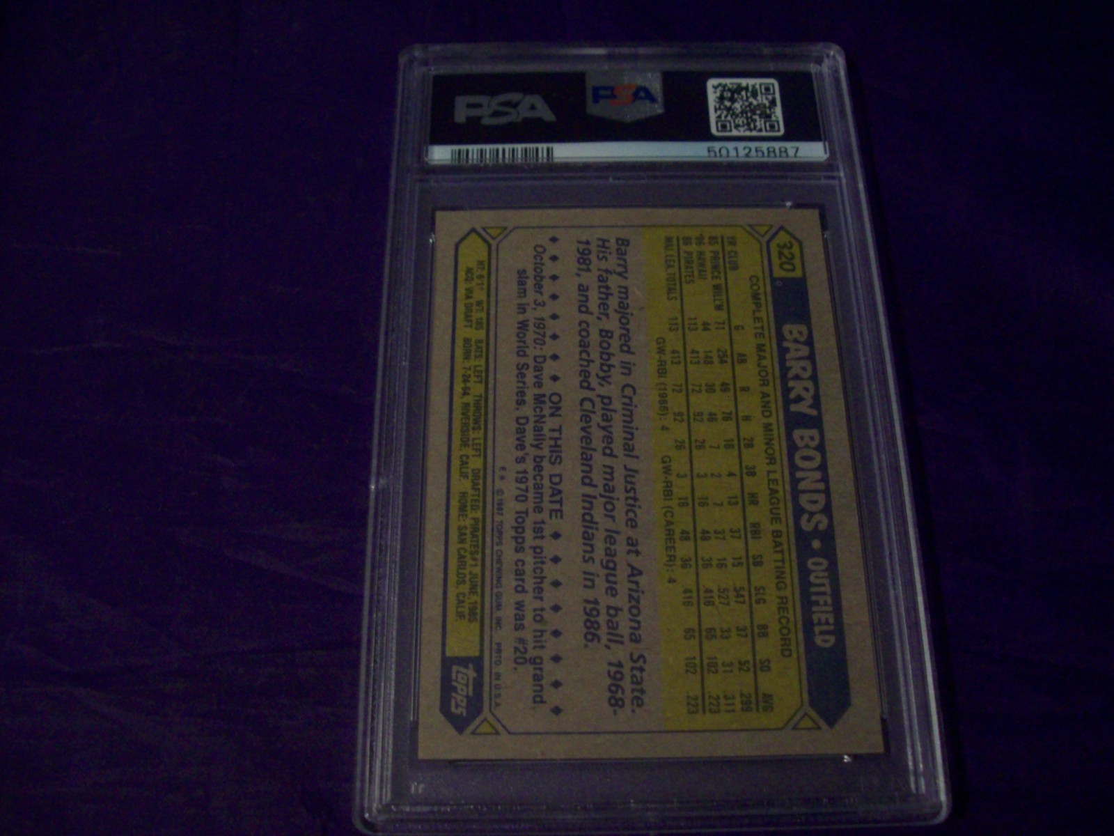 1987 TOPPS #320 BARRY BONDS (ROOKIE) PSA 7 view 2