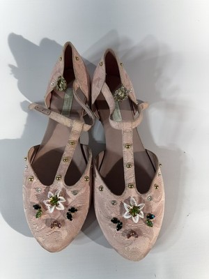 Dolce & Gabbana Bambino Pink Floral Crystal T-Strap Flats Size 35 