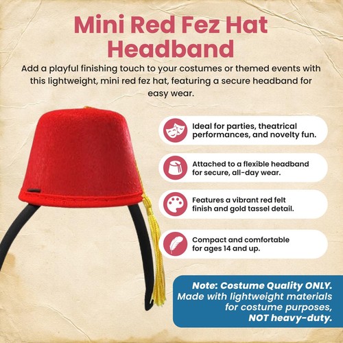Aladdin Womens Abu Mini Red Fez Hat Shriner Headband Costume Accessory - Picture 2 of 7