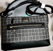 NWT Anne Klein Lion Logo Crossbody Bag Black Pebbled Leather Purse Front Zip NEW