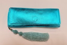 Anya Hindmarch Metallic Turquoise Blue Leather Clutch Bag Evening Tassel