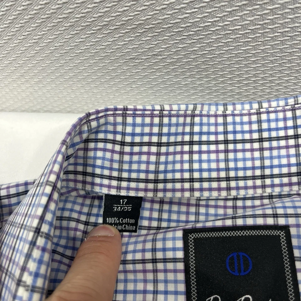 Camisa de vestir David Donahue para hombre 17 34/35 azul púrpura botones a cuadros puño francés Foto 4 de 4