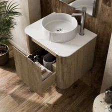 Foss & Wells 600mm Fluted Oak Wall Hung Vanity Unit & Countertop Basin Bathroom