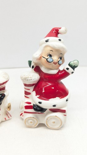 RARO Vintage Papá Noel y la señora Claus tren de montar sal pimienta agitador Japón figura - Imagen 3 de 18