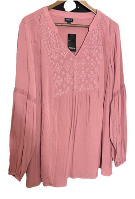 Torrid Tunic Top Women 1X Peasant Pink Embroidered Boho Cottage NWT Gauze soft