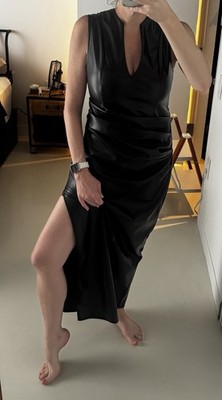 Micas Vegan Leather Sexy High Slit V Neck Dress, Cocktail, Night Out