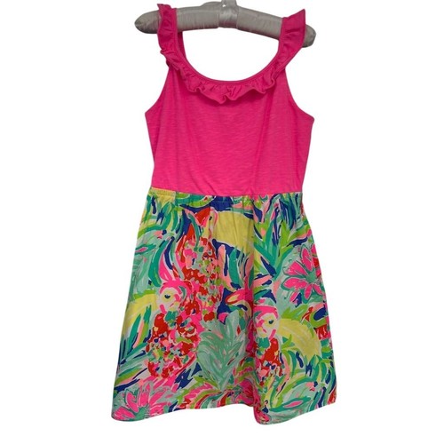 Lilly Pulitzer Girls XL Pink Parrot Print Ruffle Dress Knee Length - AC