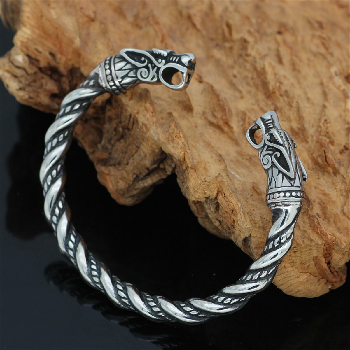 Viking Retro Norse Open Cuff Bracelet Wolf Heads Bangle Stainless Steel pagan