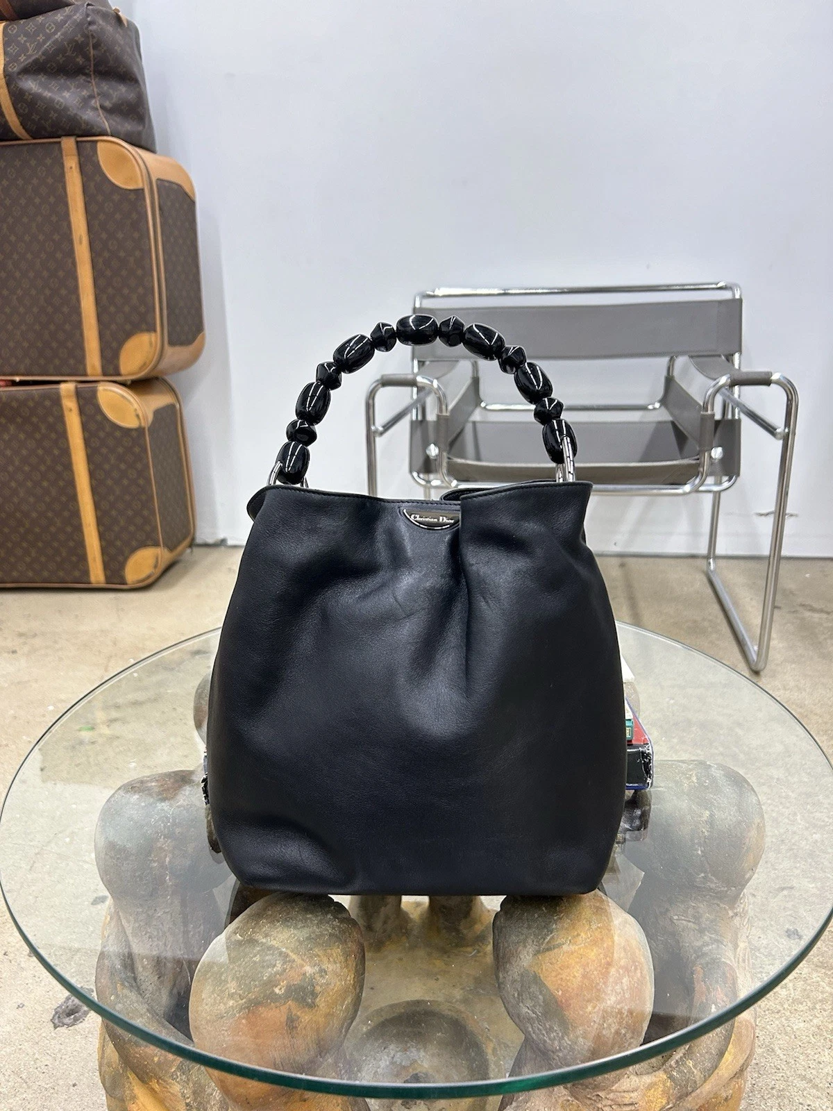 Sac à main bandoulière vintage 1999 Christian Dior Malice perlé cuir noir
