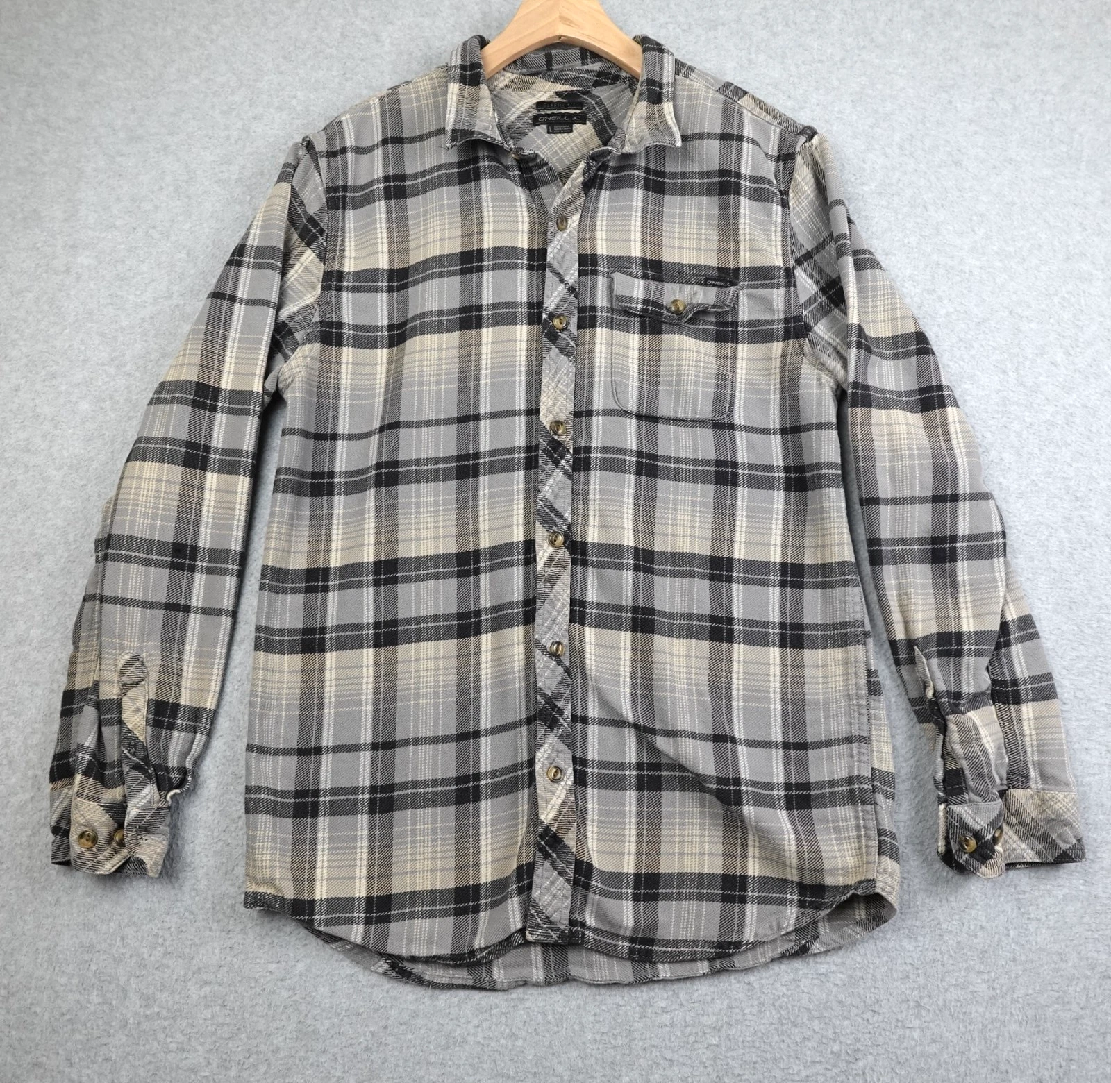 O'Neill Classic Fit Button Up Shirt Mens Large Black Gray Beige Plaid Cotton
