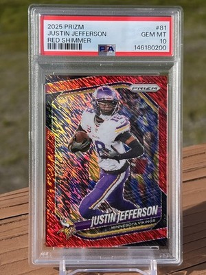 2025 Prizm Football Justin Jefferson #81 FOTL Red Shimmer 48/49- Vikings- PSA 10