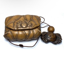 Japanese Netsuke Set, Boxwood, Lotus Leaf & Crab, Good Fortune, Signed, Japan