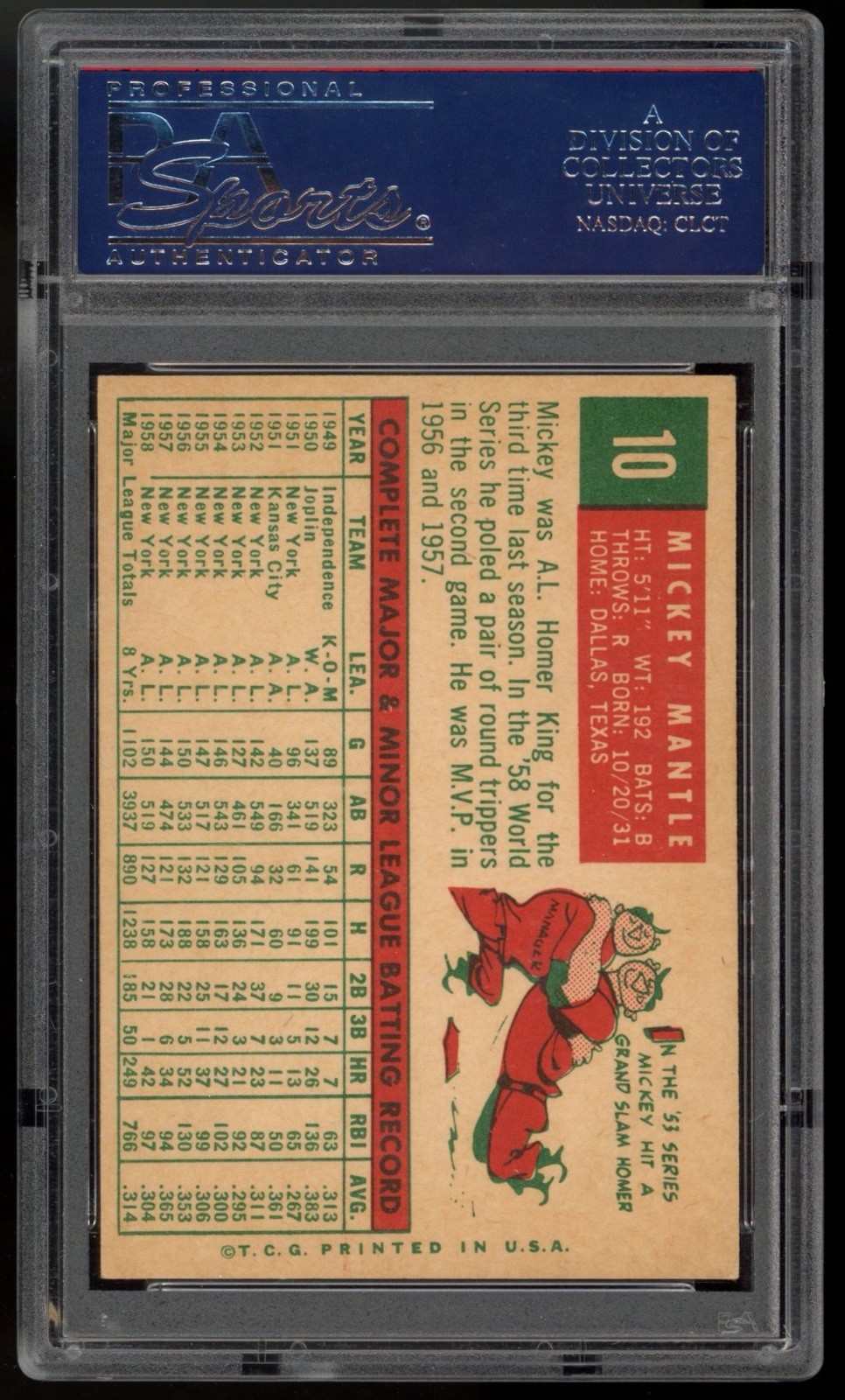 1959 Topps #10 Mickey Mantle PSA 6 view 2