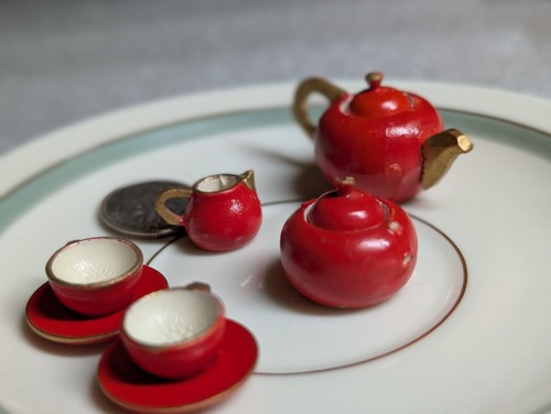 Juego de té de madera vintage miniatura casa de muñecas Alemania ocupada como está - Imagen 7 de 16
