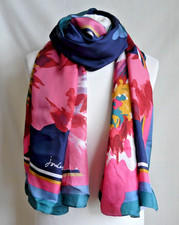 JOULES Large Rectangle Navy Blue Pink Green Floral 100% Silk Scarf 89cm x 168cm