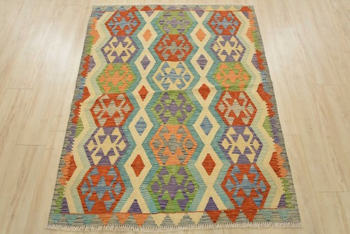 Kilim Rug 4'2'' x 5'5'' Multicolor Wool Tribal Handwoven Oriental Carpet - Picture 3 of 13
