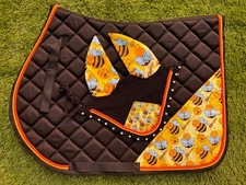 HONEY BEE THEMED ENGLISH SADDLE PAD SET FLY VEIL HORSE EARS FLY BONNET