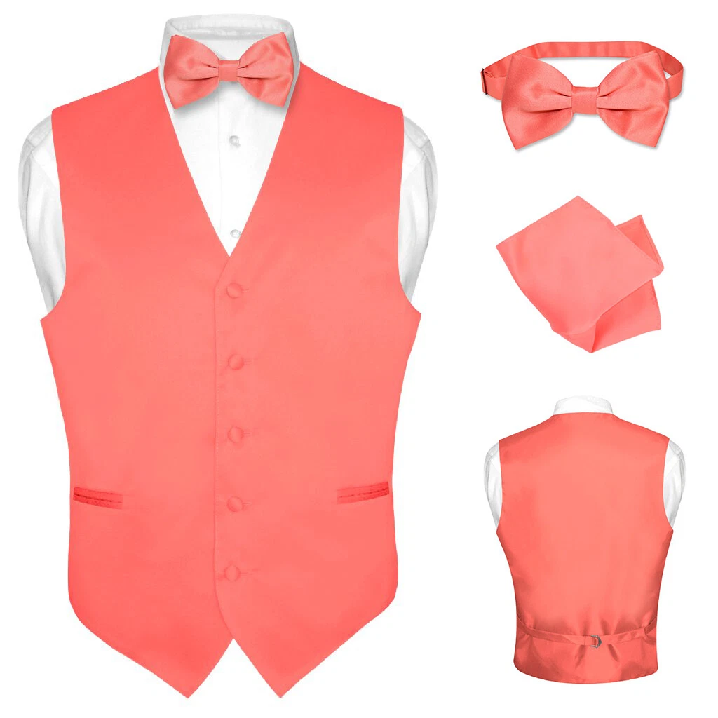 Men's Dress Vest BOWTie Hanky Solid CORAL PINK Color Bow Tie Set for Suit  Tuxedo | eBay