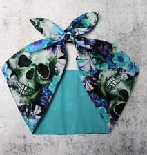 Headscarf blue skull turquoise headband bandana head scarf dolly bow hair wrap