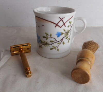 Vintage Shaving Mug with compartments & Lather Brush, Gold Metal Adjust Gillette