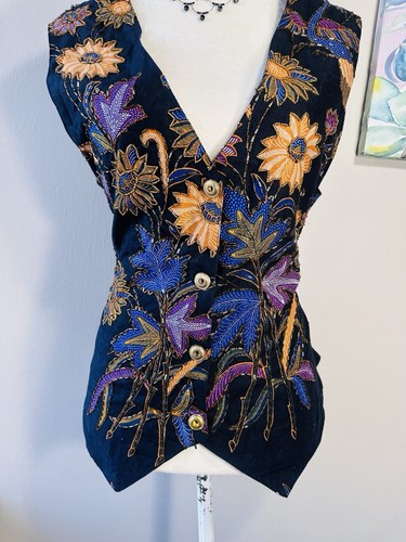 Vintage Floral Beaded Sequins Vest Top SZ L Black Bohemian 90s Style Blue Floral - Picture 4 of 8