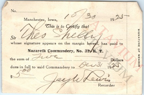 1925 Caballeros Templarios de Iowa Gran Nazaret Comandancia Recibo Manchester C46 - Imagen 2 de 3