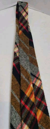 Vintage 100% Wool Plaid Tie VIA RAVENA Brown Black Red Cream Fall - Picture 6 of 10