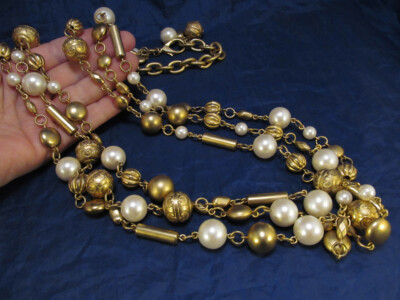 *Express Exp Bold Gold Tone Simulated Pearl Beaded Statement Strand Necklace