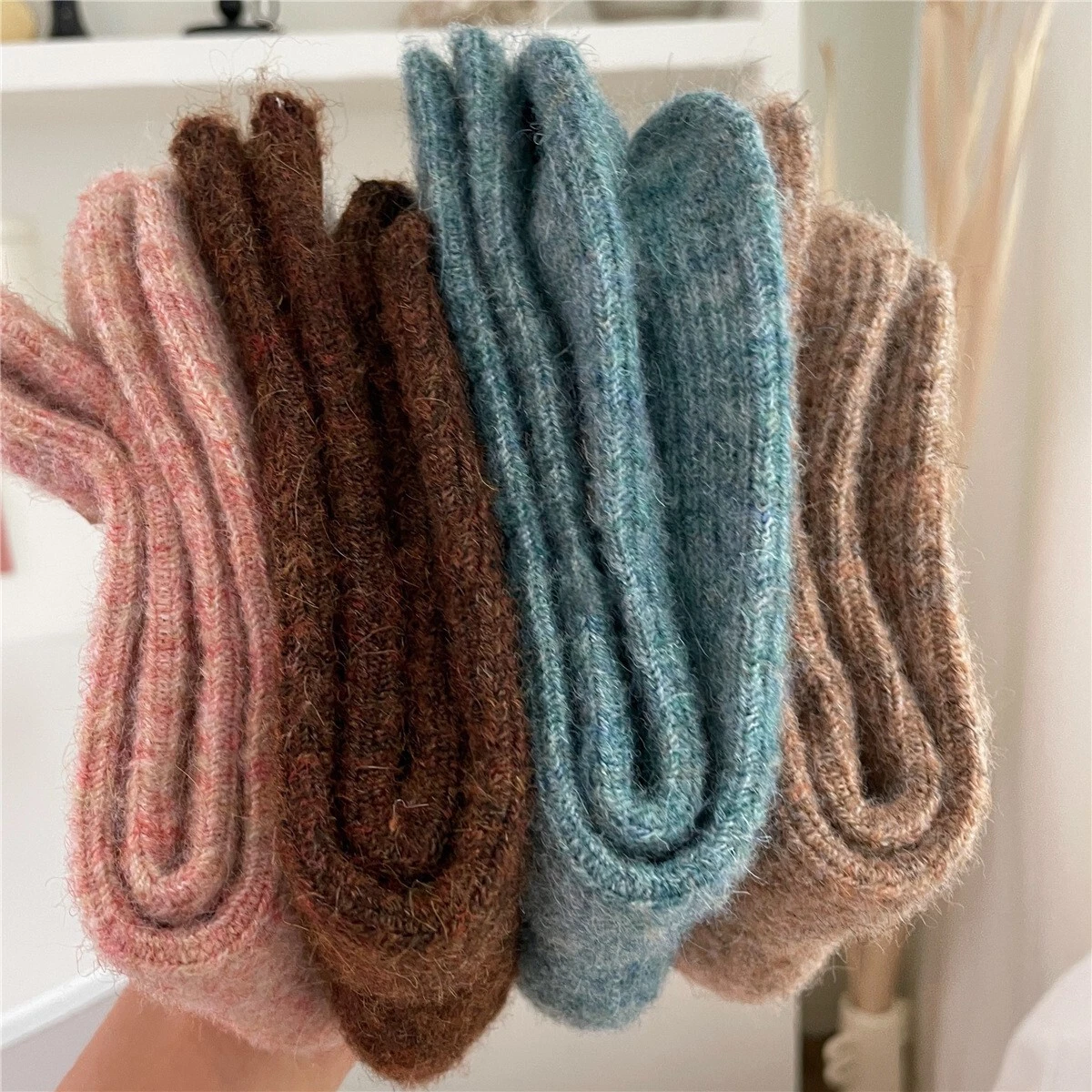 5 Pairs Wool Crew Thick Knit Cozy Design Solid Casual Color Warm Women Socks 5-9